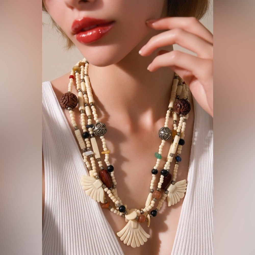 VTG 4 Strand Carved Bone Bead Necklace Jasper Carnelian Sodalite Agate Boho 24” - Picture 3 of 17